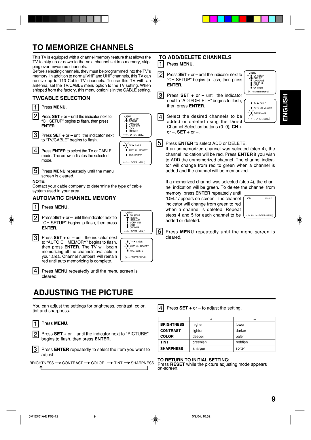 Toshiba 13A24 manual To Memorize Channels, Adjusting the Picture, To ADD/DELETE Channels, TV/CABLE Selection 