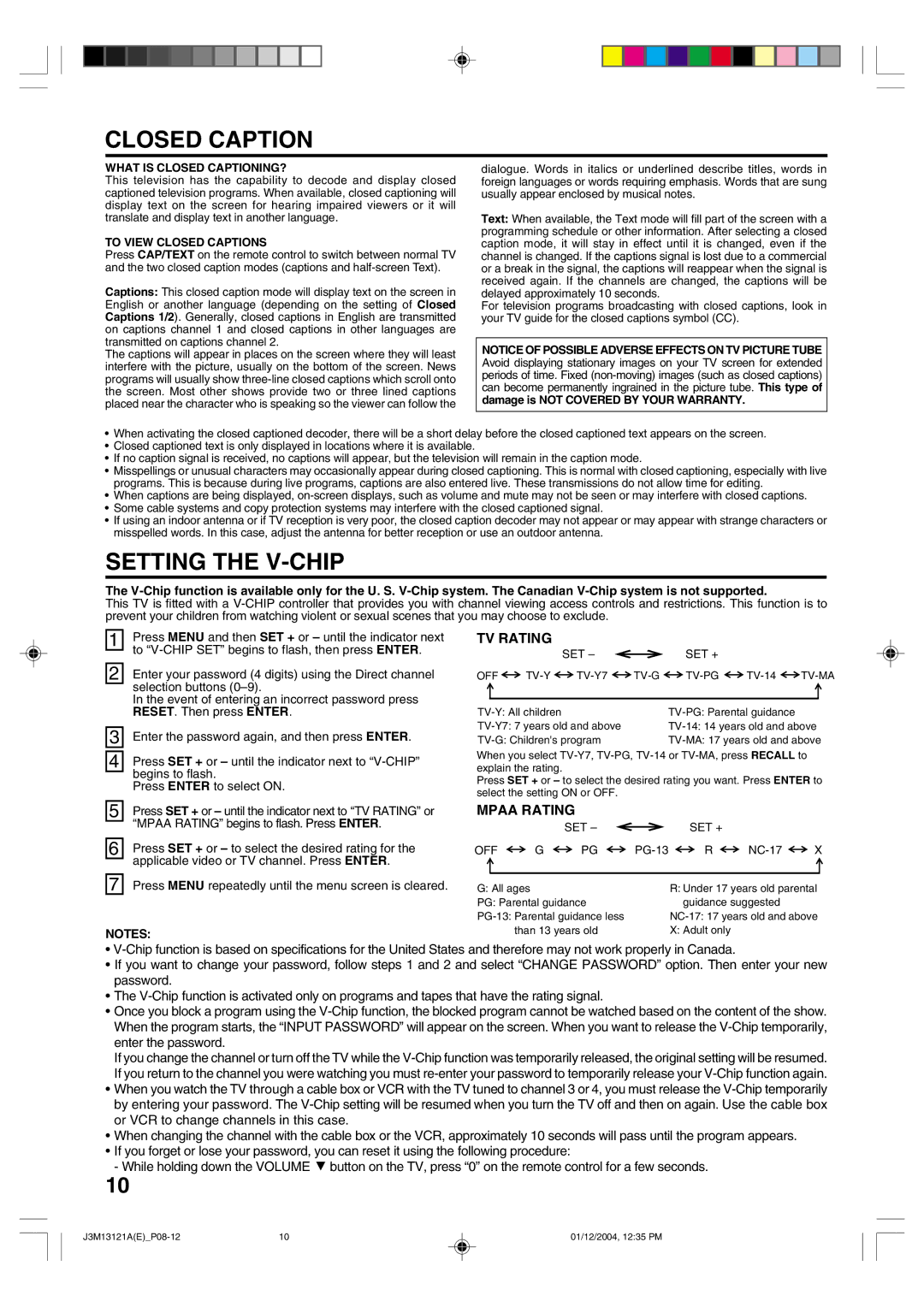 Toshiba 13A25 manual Closed Caption, Setting the V-CHIP 