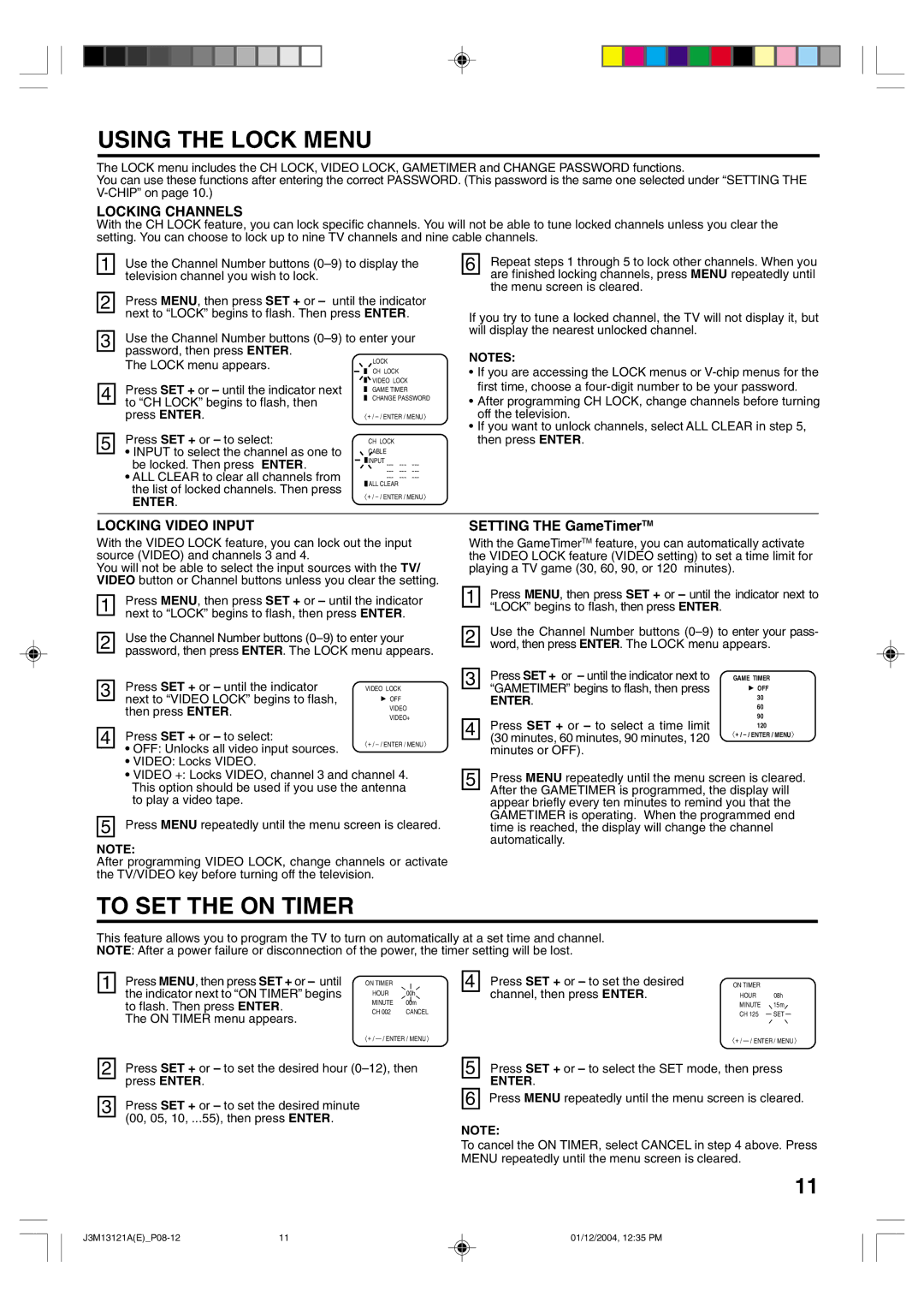 Toshiba 13A25 manual Using the Lock Menu, To SET the on Timer, 120 