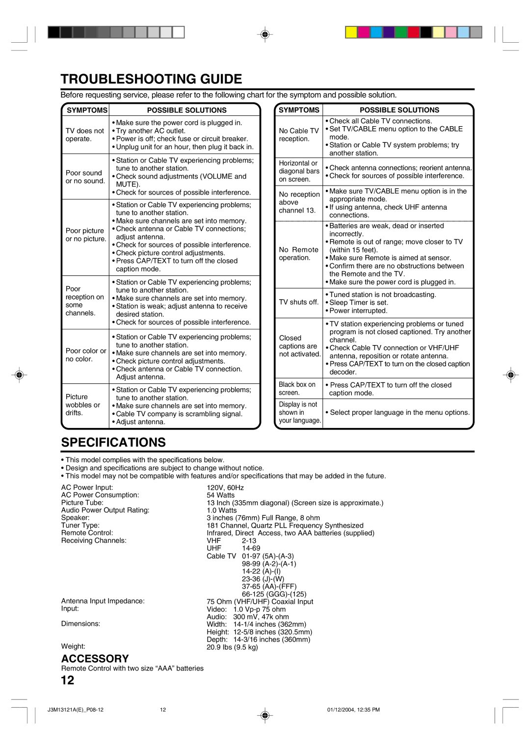 Toshiba 13A25 manual Troubleshooting Guide, Specifications, Symptoms Possible Solutions 