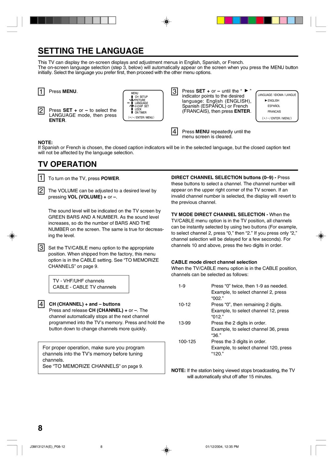 Toshiba 13A25 manual Setting the Language, TV Operation, Enter 