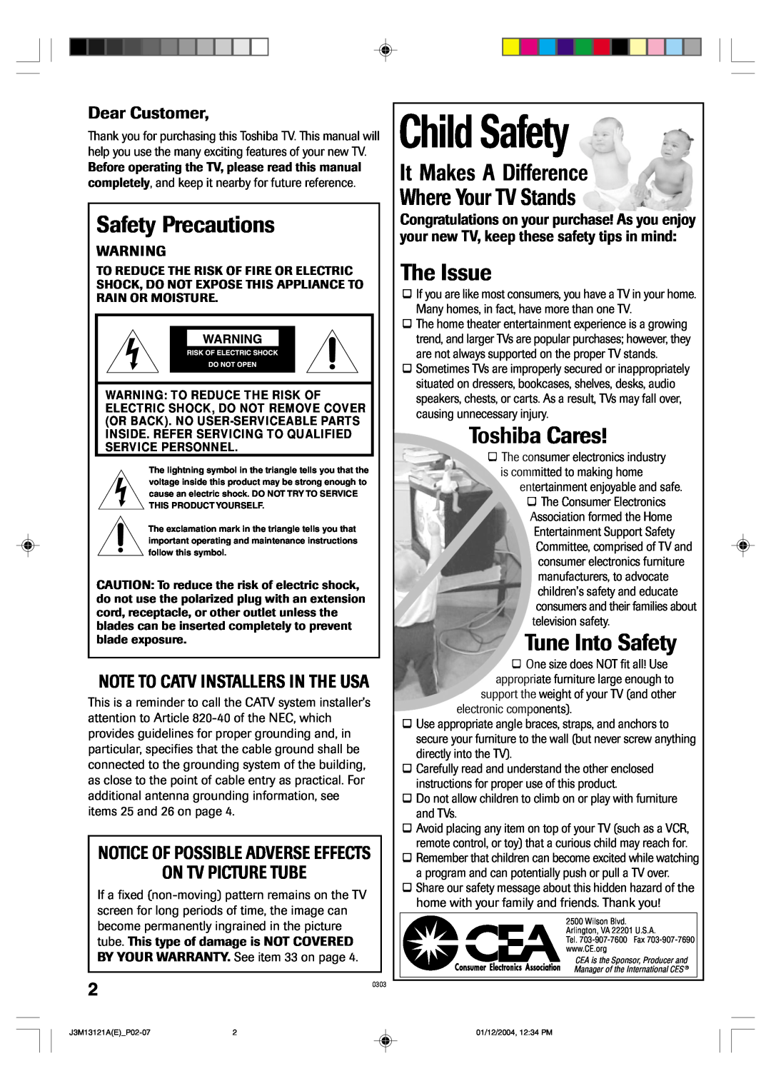 Toshiba 13A25 manual Child Safety, Safety Precautions, It Makes A Difference Where Your TV Stands, The Issue, Toshiba Cares 
