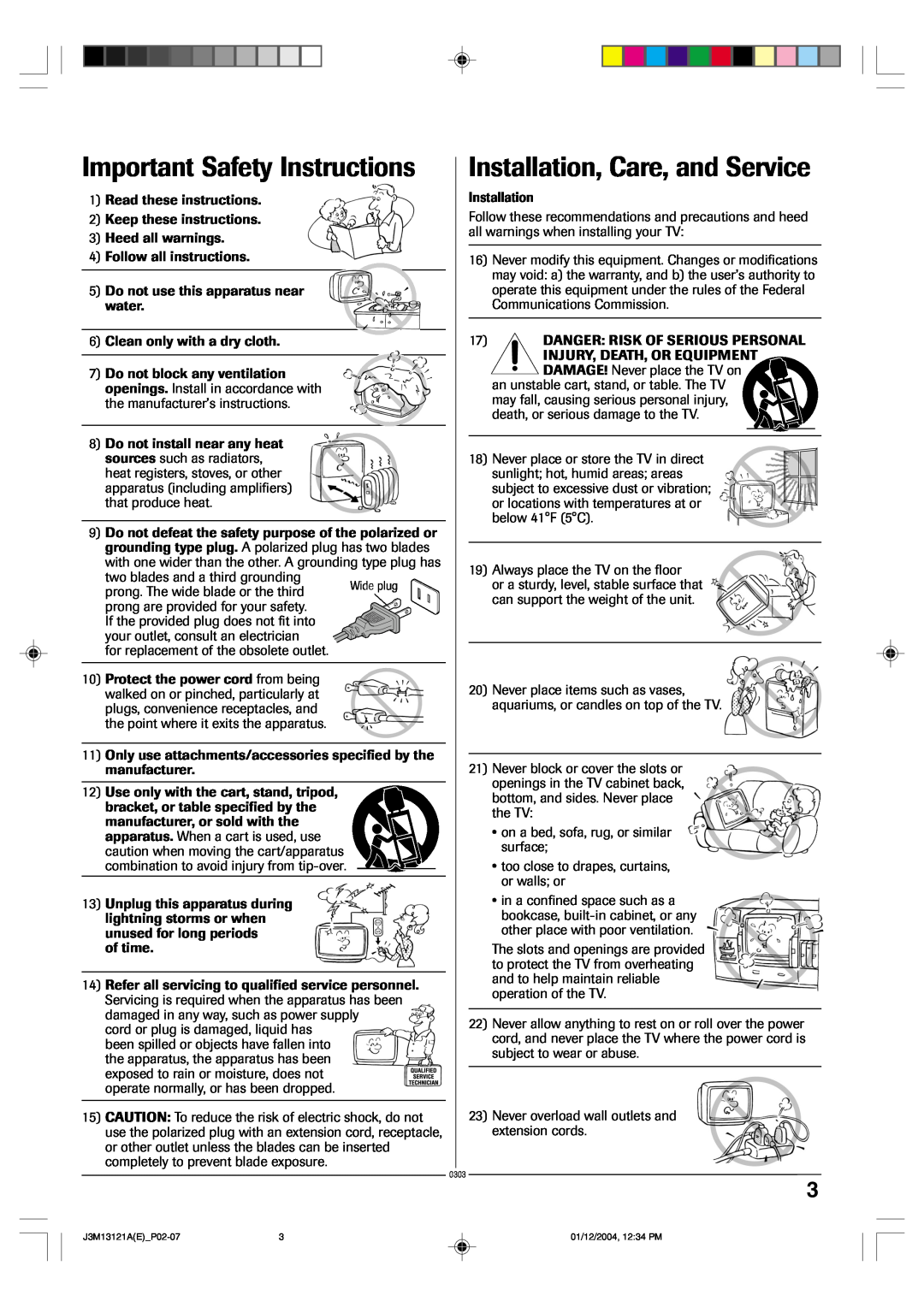 Toshiba 13A25 manual Important Safety Instructions, Installation, Care, and Service 