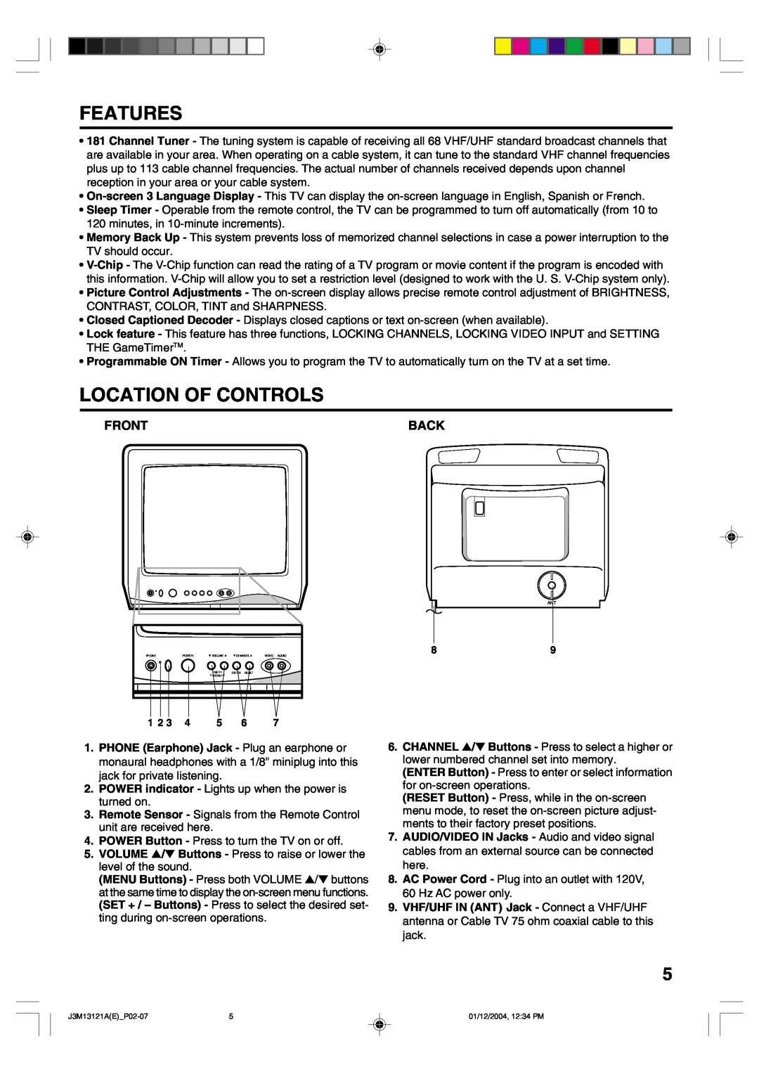 Toshiba 13A25 manual Features, Location Of Controls, Front, Back 