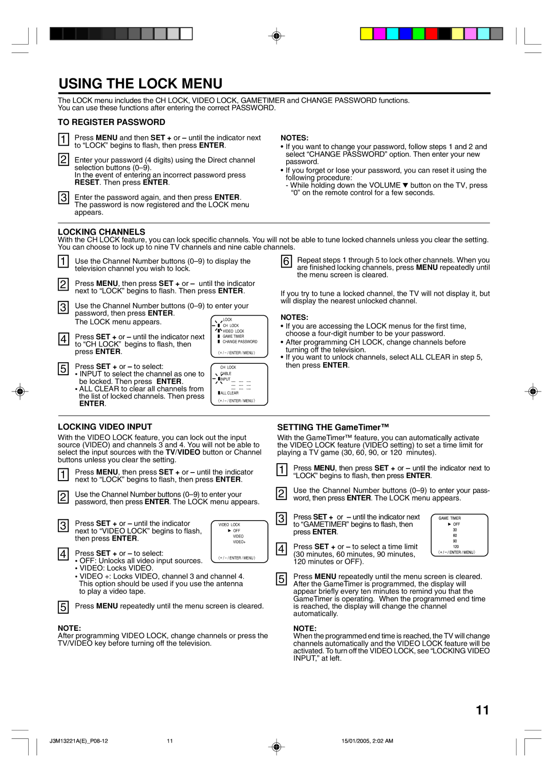 Toshiba 13A25C manual Using the Lock Menu, 120, Setting the GameTimer 