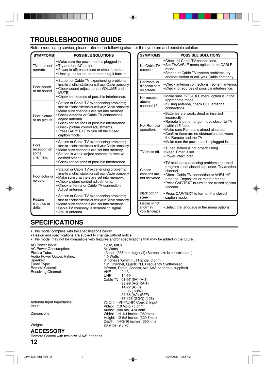 Toshiba 13A25C manual Troubleshooting Guide, Specifications, Symptoms Possible Solutions 