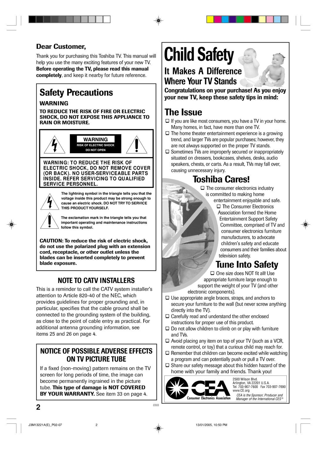 Toshiba 13A25C manual Safety Precautions, Dear Customer 