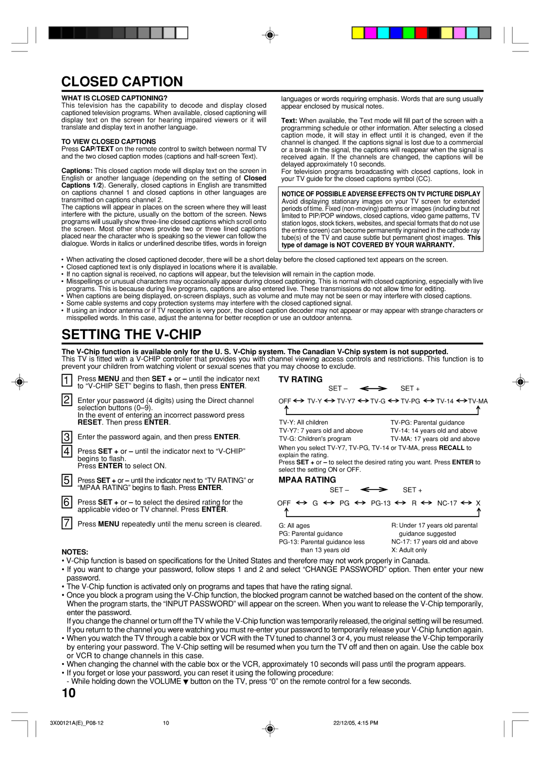 Toshiba 13A26 manual Closed Caption, Setting the V-CHIP, Mpaa Rating begins to flash. Press Enter 