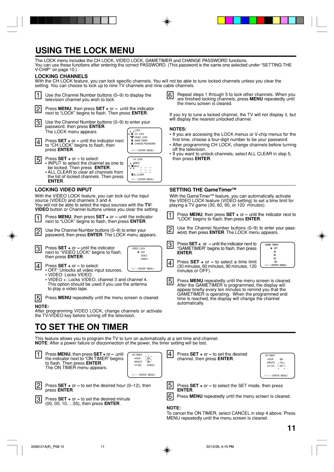 Toshiba 13A26 manual Using the Lock Menu, To SET the on Timer 