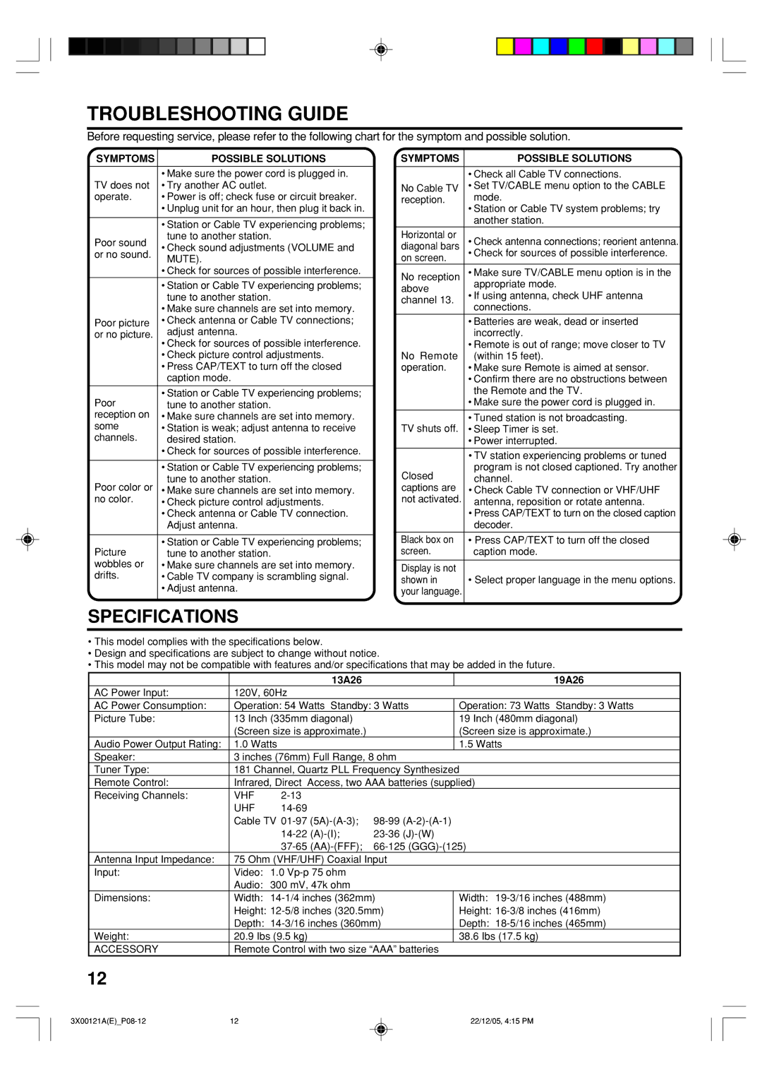 Toshiba manual Troubleshooting Guide, Symptoms Possible Solutions, 13A26 19A26 