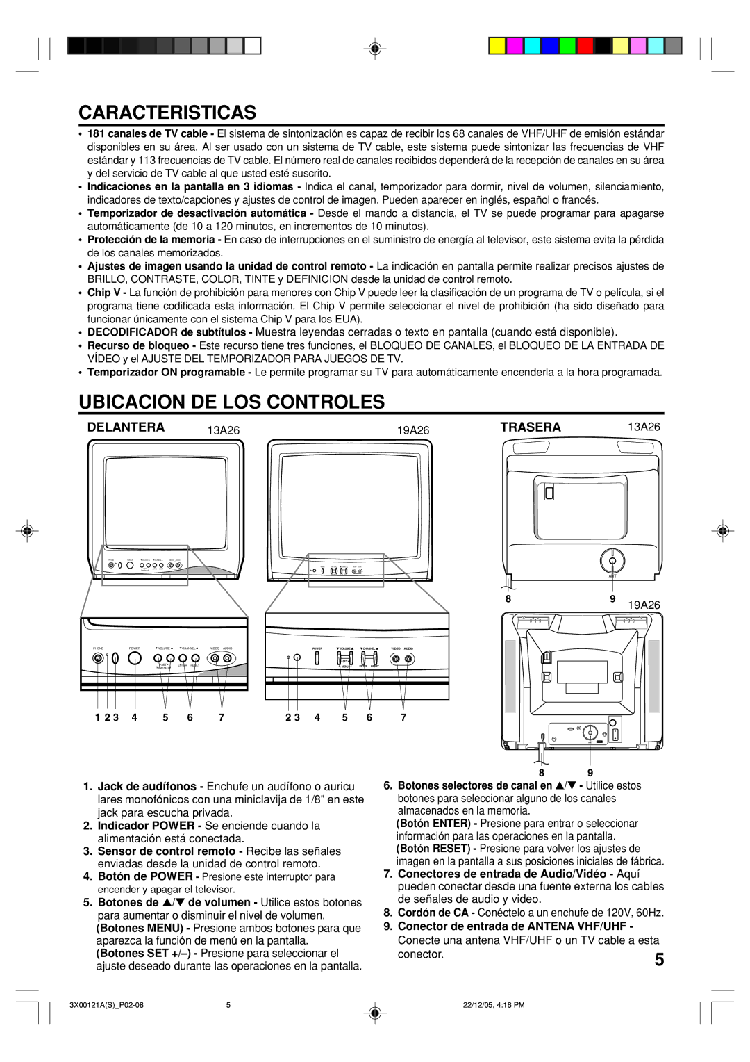 Toshiba 13A26 manual Caracteristicas, Ubicacion DE LOS Controles, Delantera, Trasera 