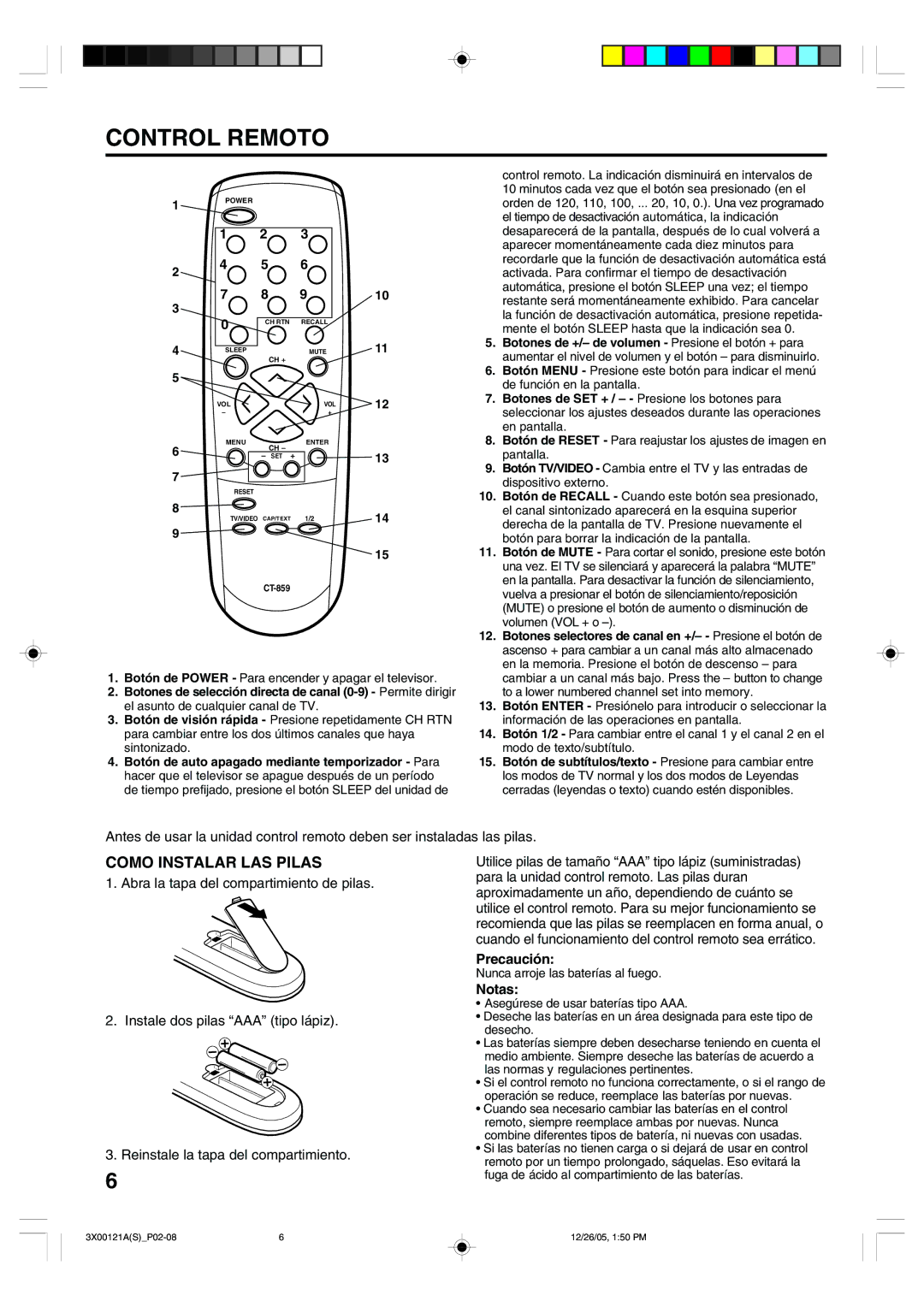 Toshiba 13A26 manual Control Remoto, Como Instalar LAS Pilas, Botones de +/- de volumen Presione el botón + para 