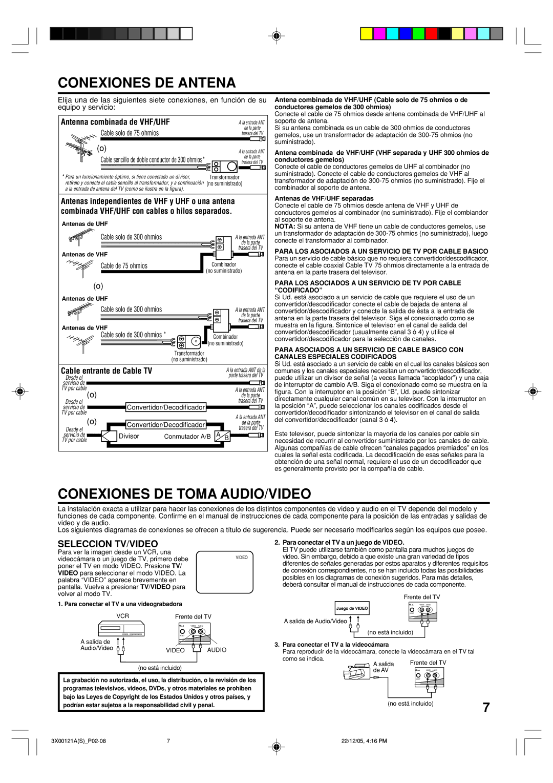 Toshiba 13A26 manual Conexiones DE Antena, Conexiones DE Toma AUDIO/VIDEO, Seleccion TV/VIDEO 