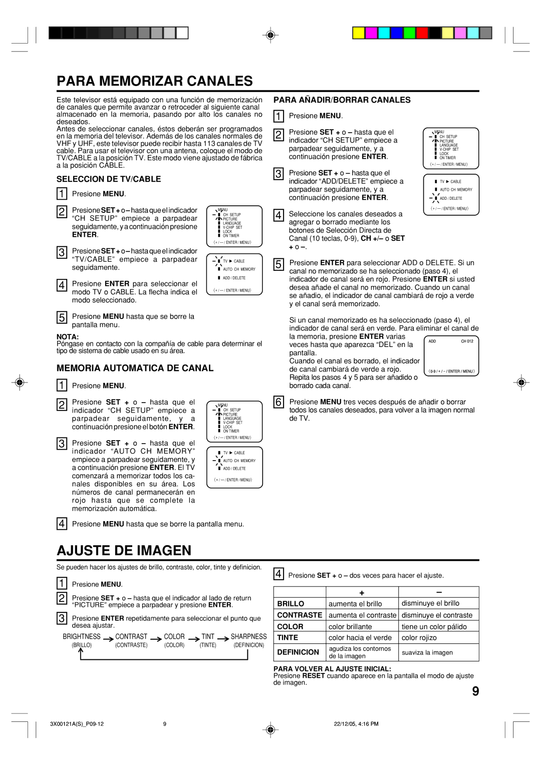 Toshiba 13A26 manual Para Memorizar Canales, Ajuste DE Imagen, Memoria Automatica DE Canal 