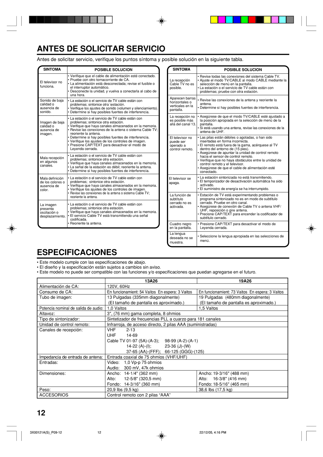 Toshiba 13A26 manual Antes DE Solicitar Servicio, Especificaciones, Alimentación de CA 120V, 60Hz Consumo de CA 