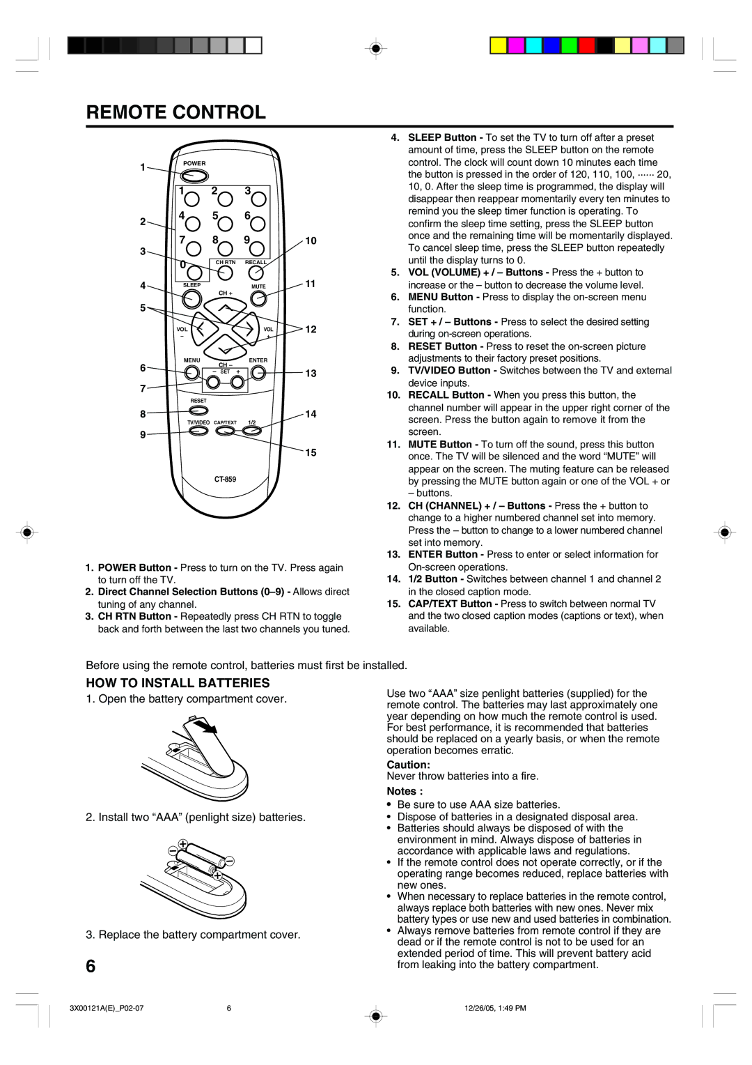 Toshiba 13A26 manual Remote Control, HOW to Install Batteries, VOL Volume + / Buttons Press the + button to 