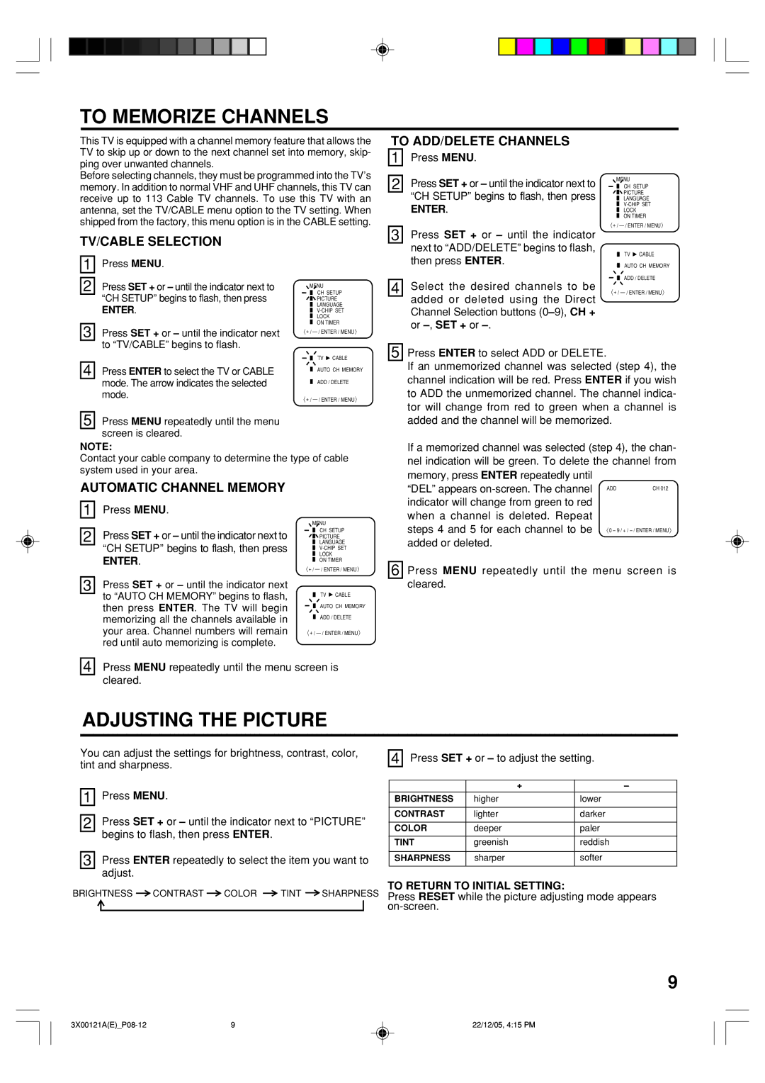 Toshiba 13A26 manual To Memorize Channels, Adjusting the Picture, To ADD/DELETE Channels, TV/CABLE Selection 