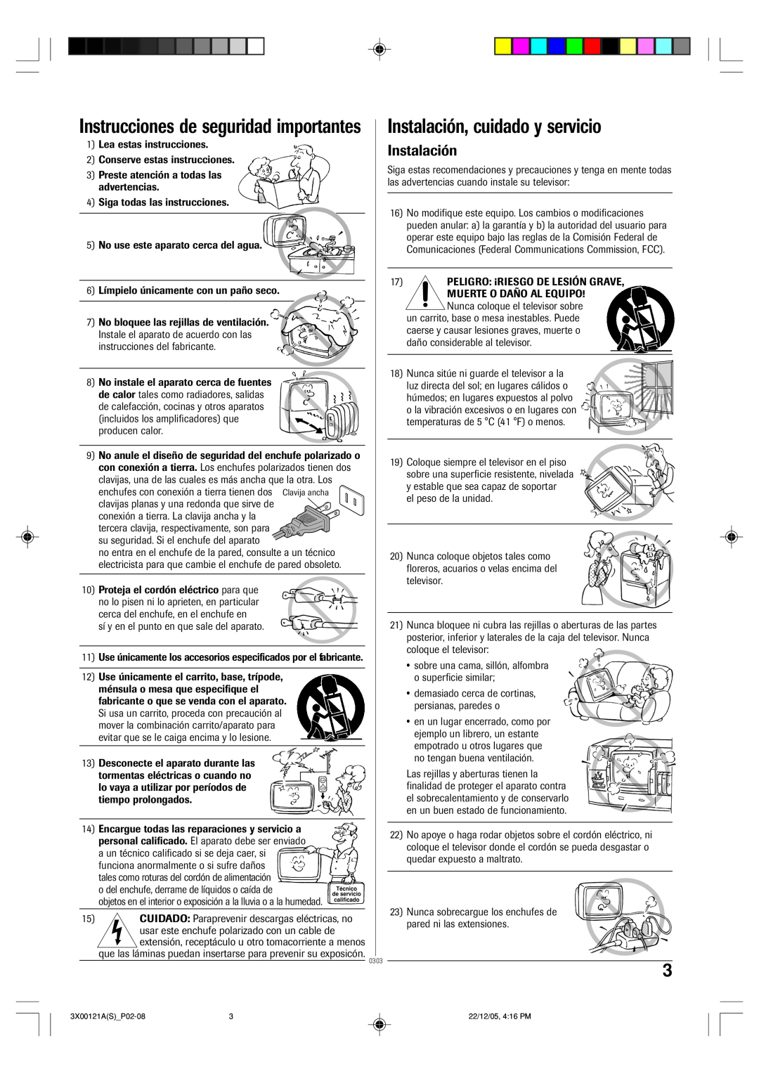Toshiba 13A26 manual Instrucciones de seguridad importantes, Instalación, cuidado y servicio 