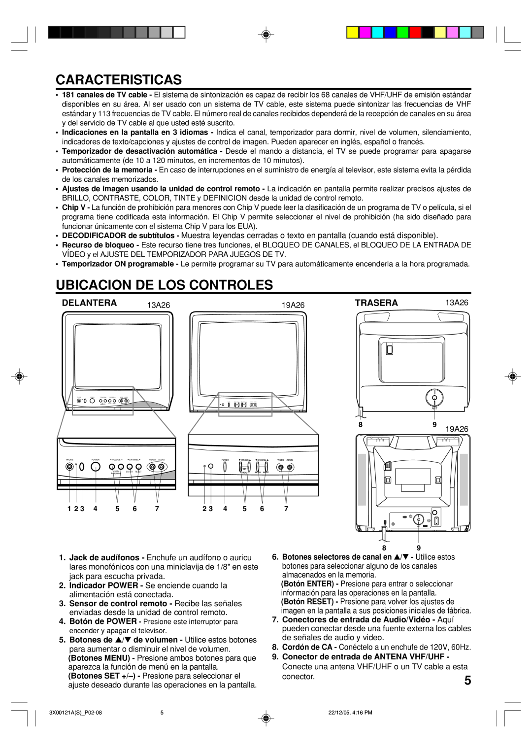 Toshiba 13A26 manual Caracteristicas, Ubicacion De Los Controles, Delantera, Trasera 