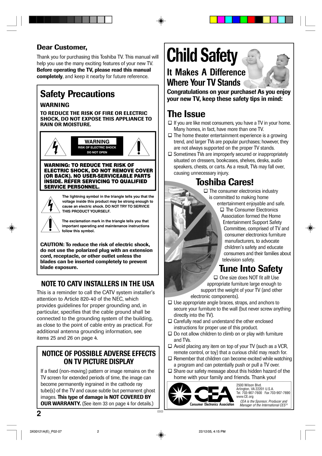 Toshiba 13A26 manual Child Safety, Safety Precautions, It Makes A Difference Where Your TV Stands, The Issue, Toshiba Cares 