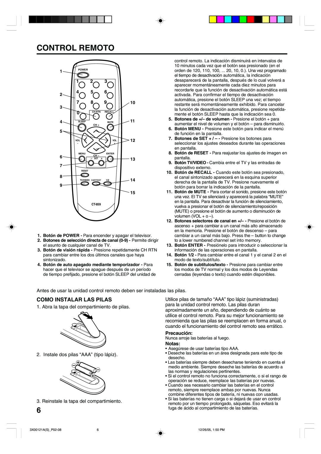 Toshiba 13A26 manual Control Remoto, Como Instalar Las Pilas, Abra la tapa del compartimiento de pilas 