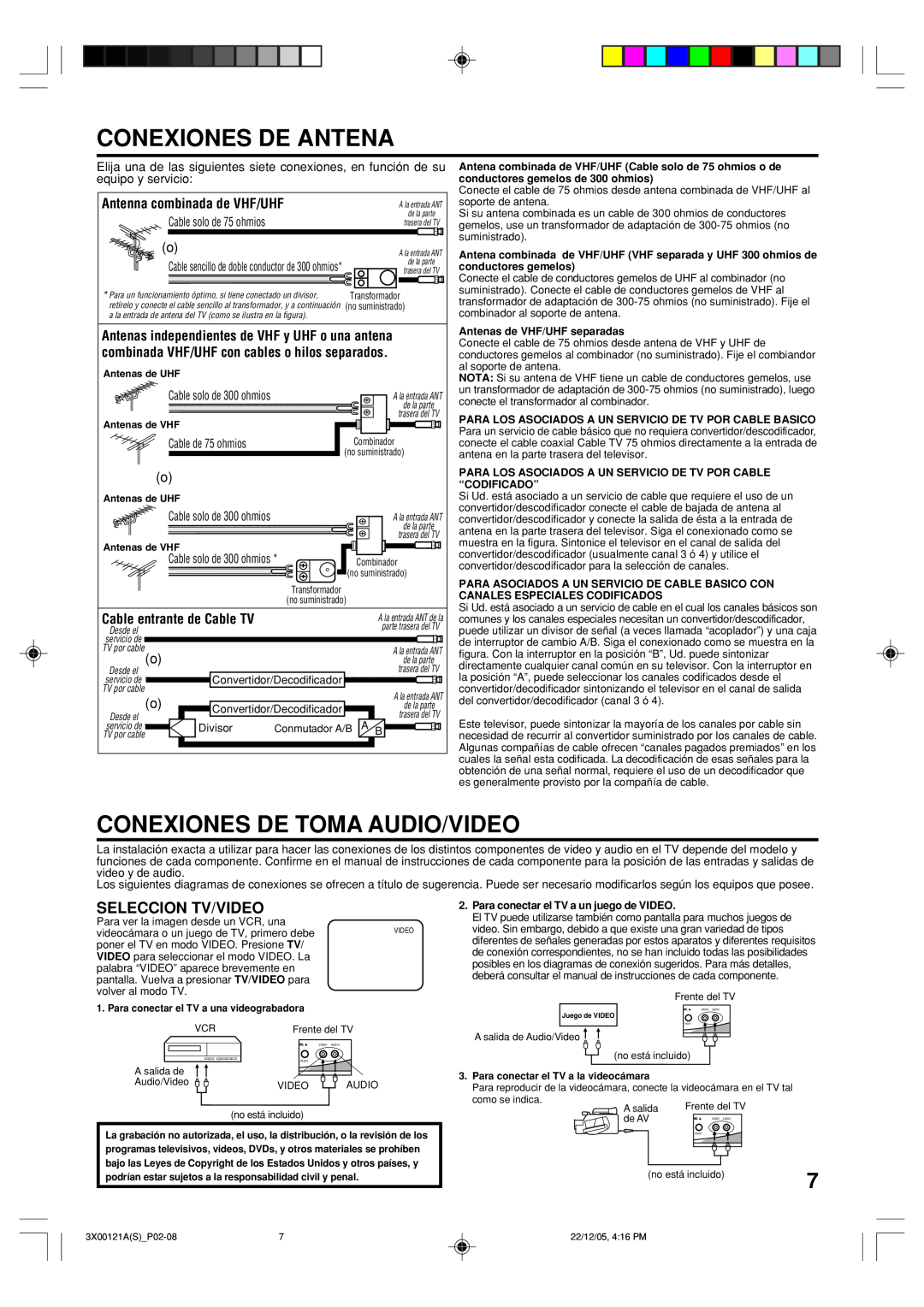 Toshiba 13A26 manual Conexiones De Antena, Conexiones De Toma Audio/Video, Seleccion Tv/Video, Antenna combinada de VHF/UHF 