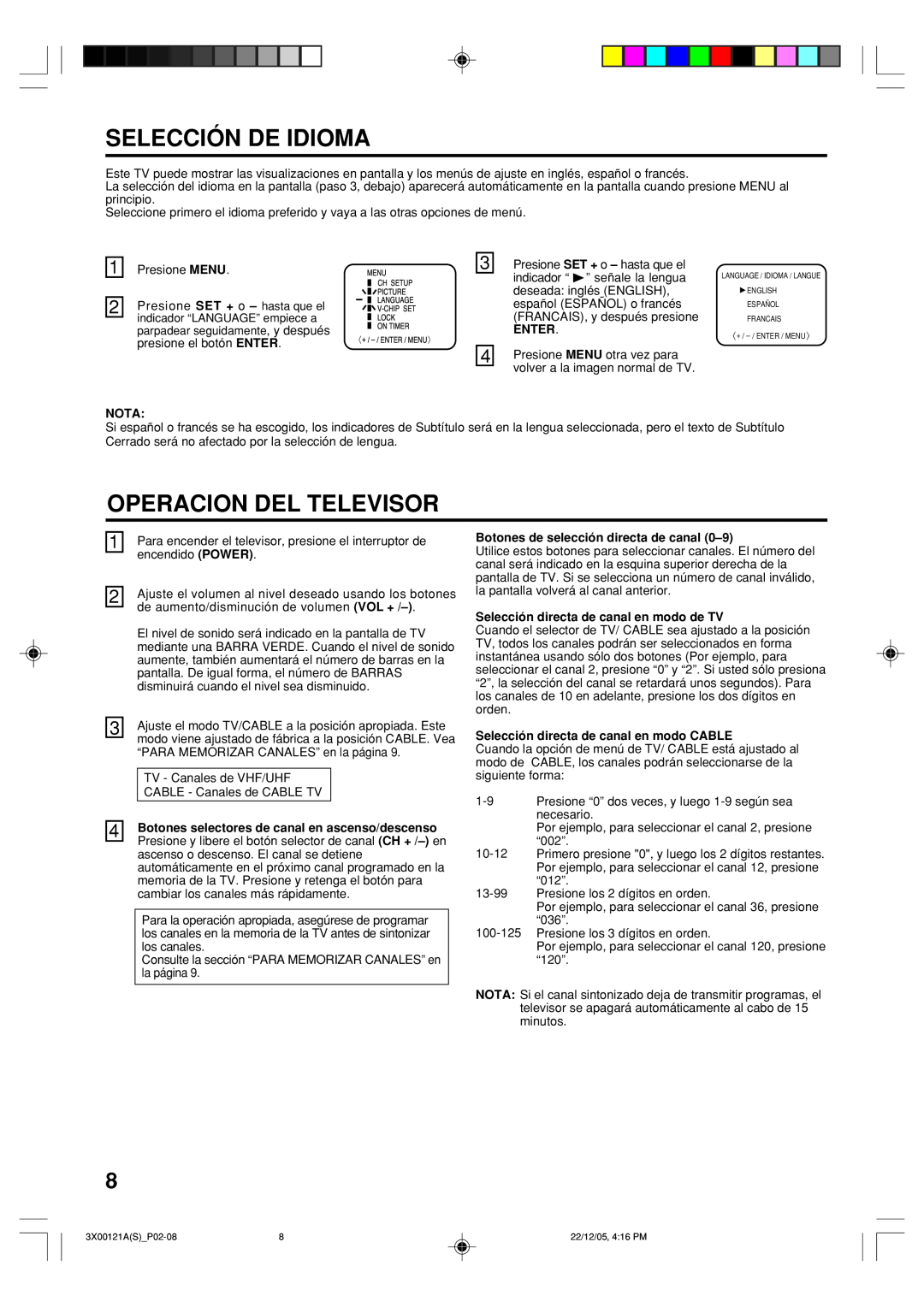 Toshiba 13A26 manual Selección De Idioma, Operacion Del Televisor, Enter, Nota, Botones de selección directa de canal 