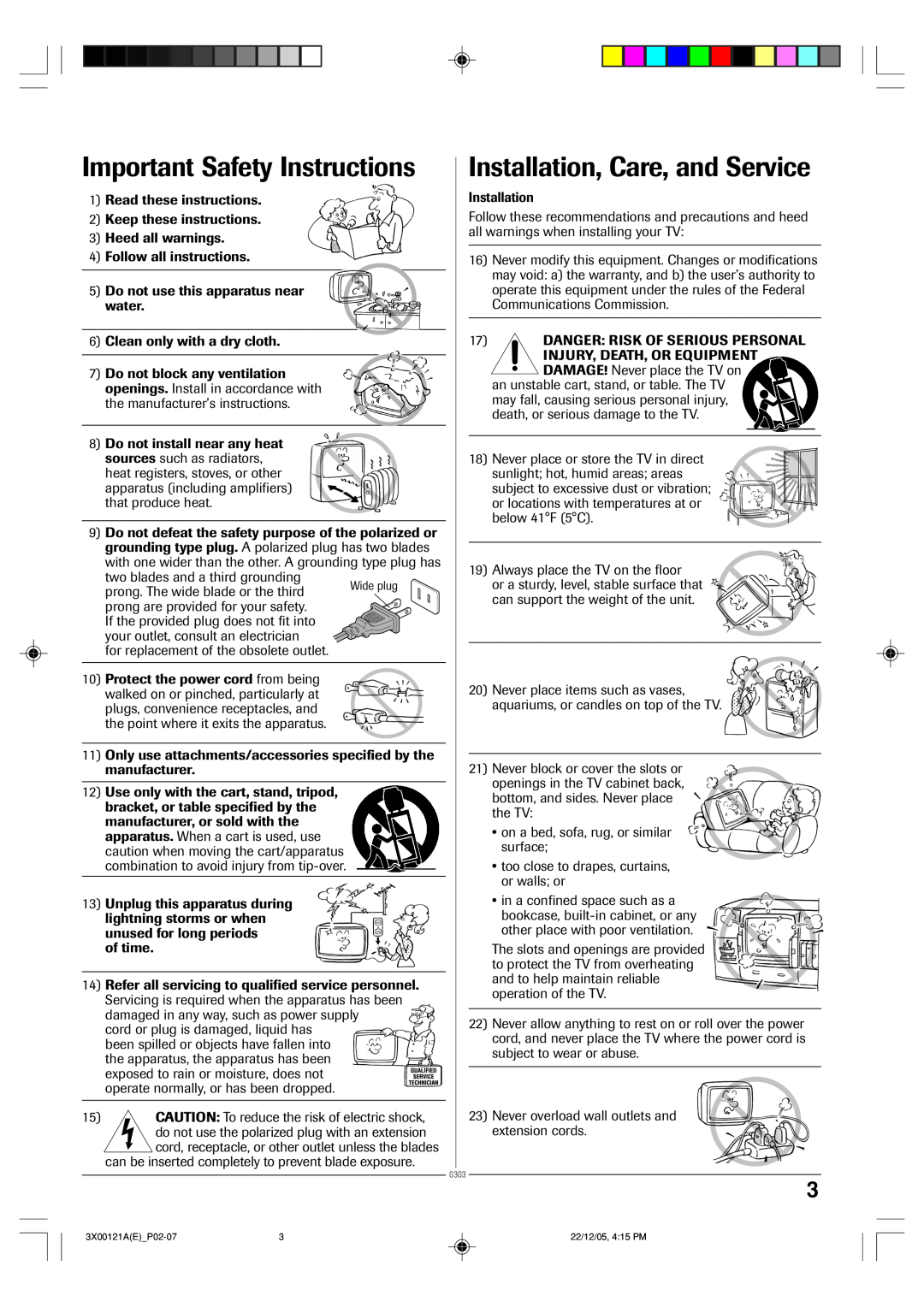 Toshiba 13A26 manual Important Safety Instructions, Installation, Care, and Service 