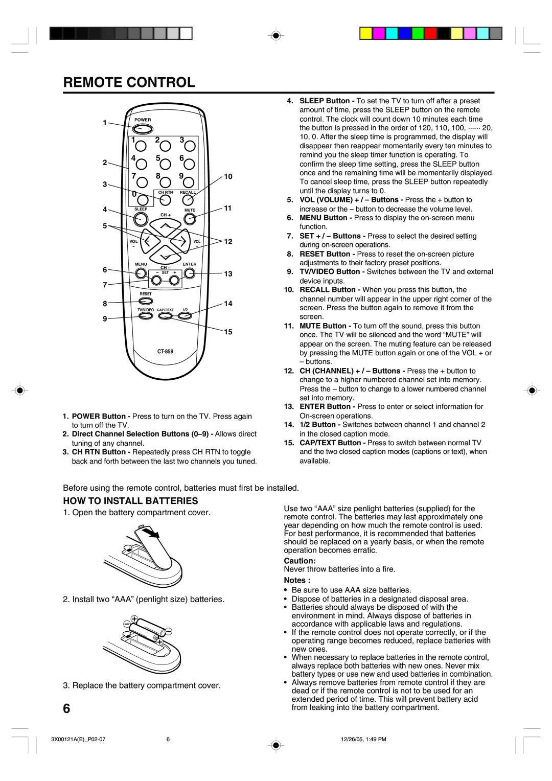 Toshiba 13A26 Remote Control, How To Install Batteries, Before using the remote control, batteries must first be installed 