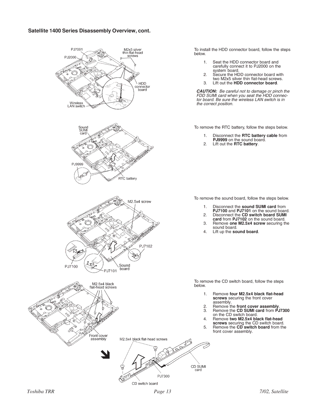 Toshiba 1405-S151, 1405-S152 specifications Remove the CD switch board from the front cover assembly 