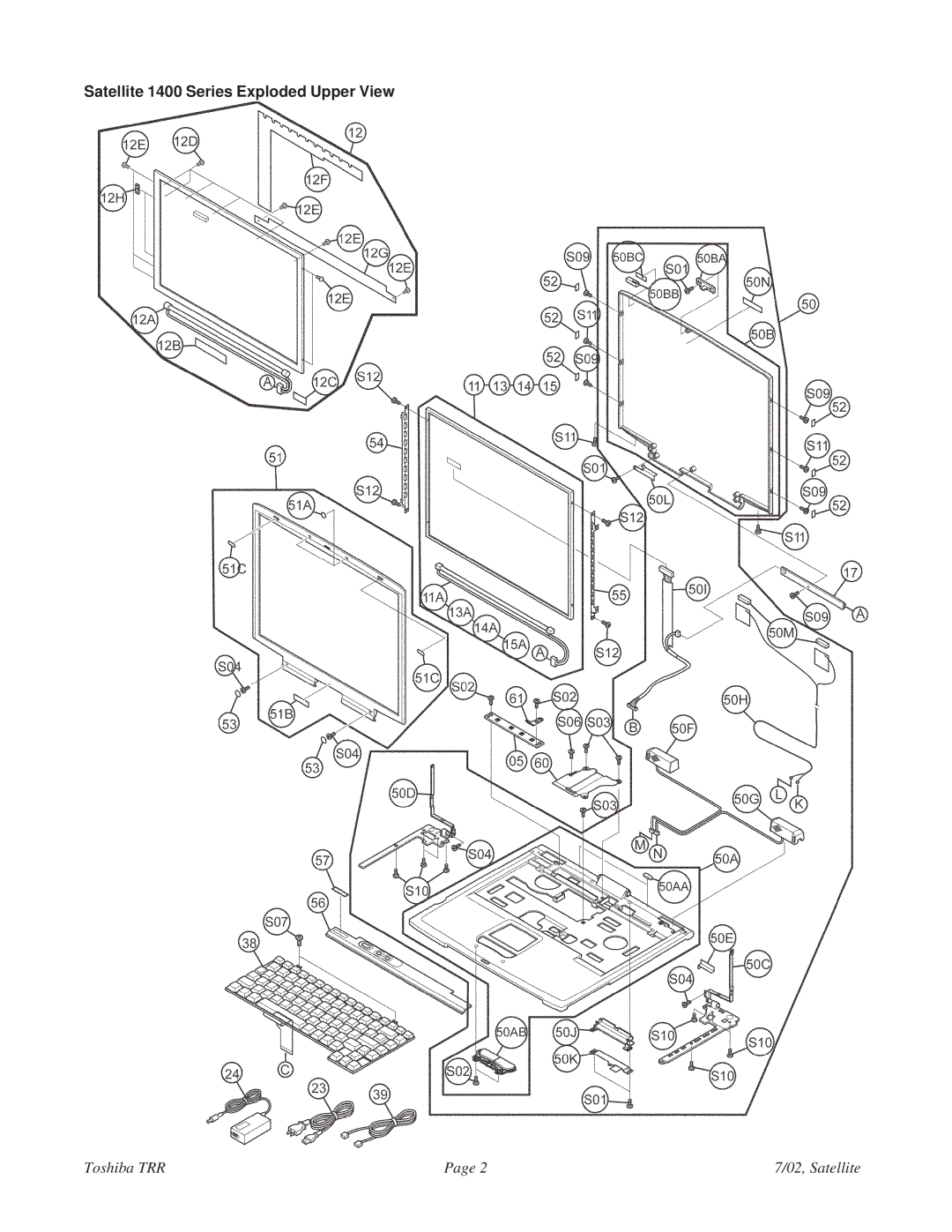 Toshiba 1405-S152, 1405-S151 specifications Satellite 1400 Series Exploded Upper View 