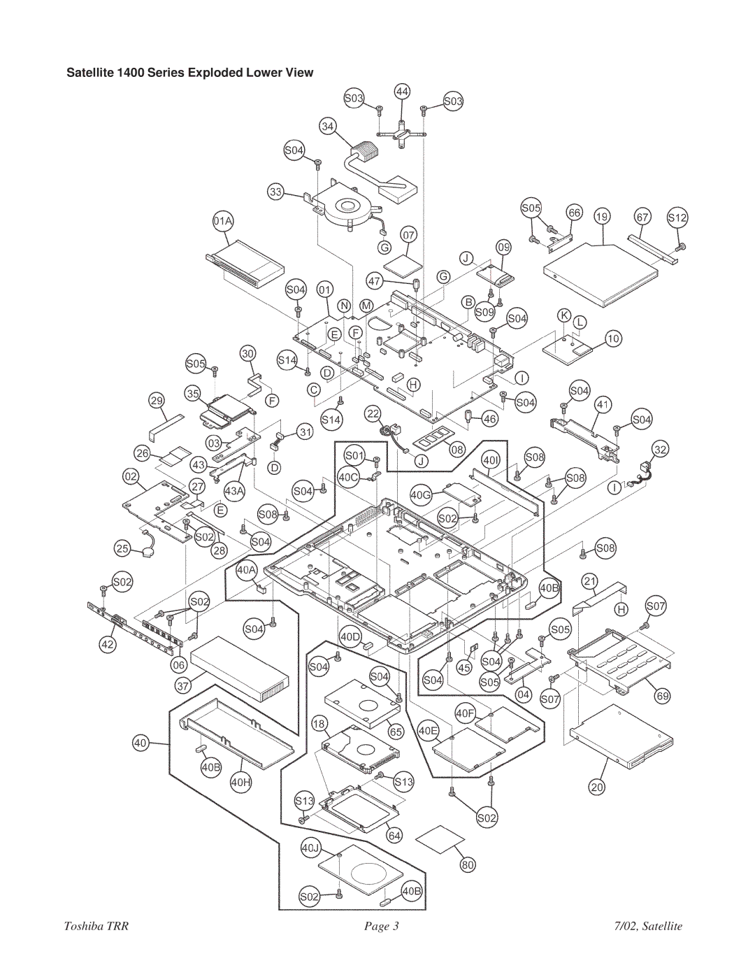 Toshiba 1405-S152, 1405-S151 specifications Satellite 1400 Series Exploded Lower View 