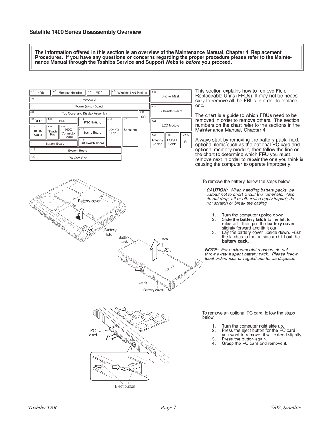 Toshiba 1405-S151, 1405-S152 specifications Satellite 1400 Series Disassembly Overview 