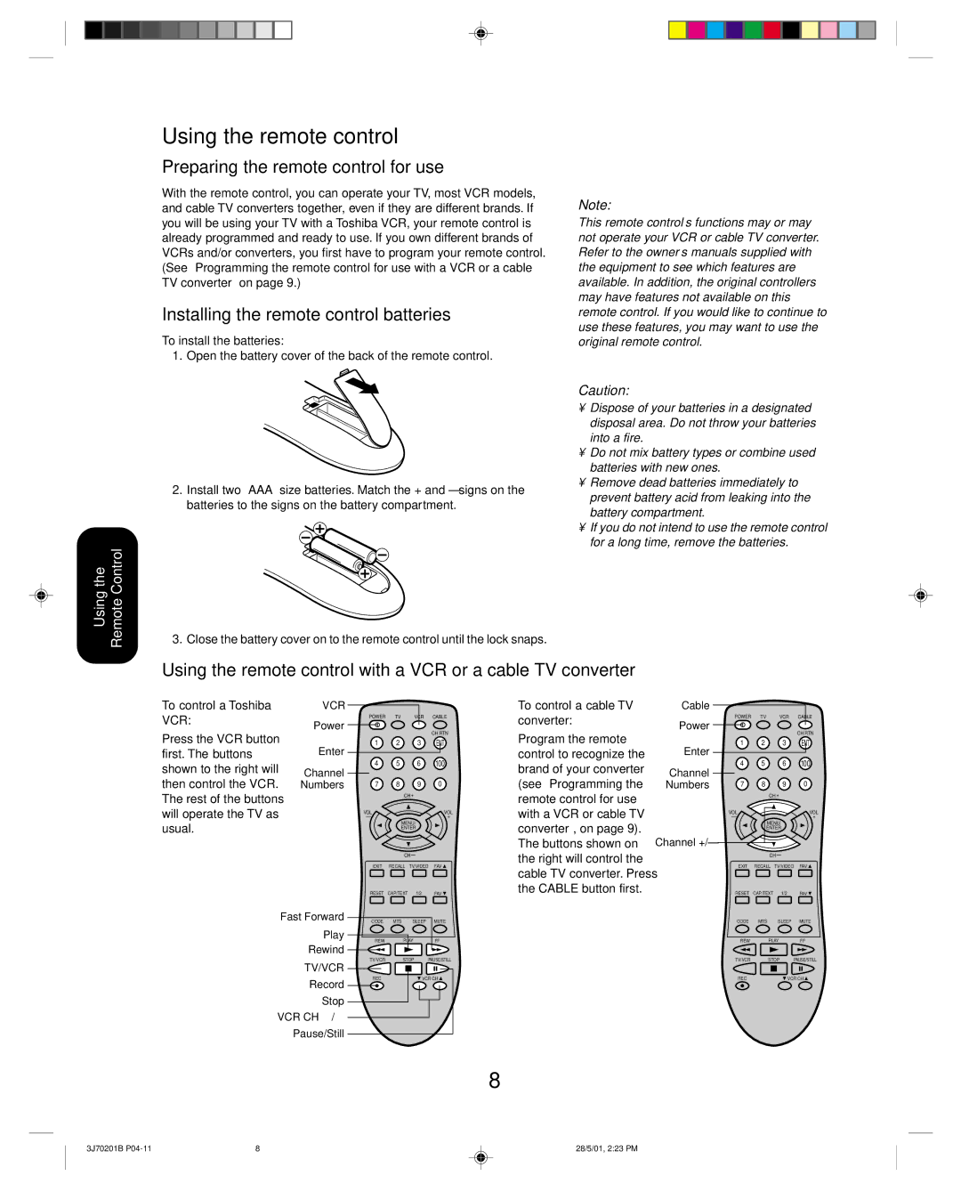 Toshiba 14AF41 Using the remote control, Preparing the remote control for use, Installing the remote control batteries 