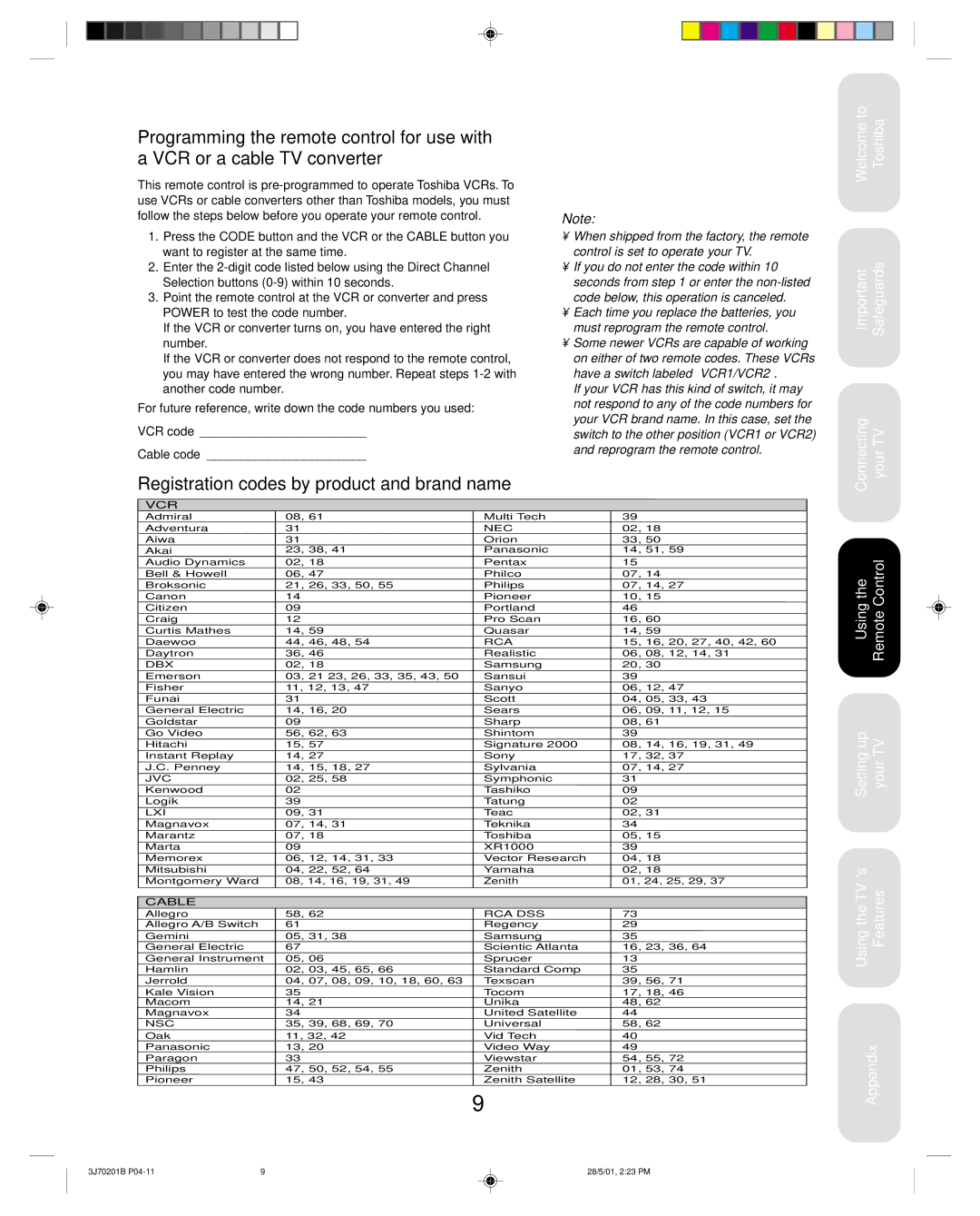 Toshiba 14AF41 appendix Registration codes by product and brand name, Vcr 