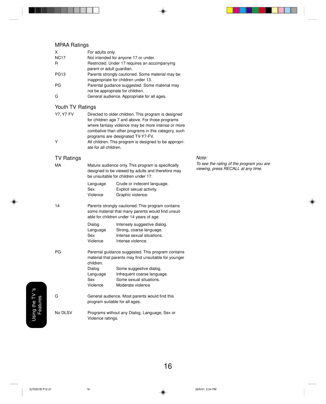 Toshiba 14AF41 appendix Mpaa Ratings, Youth TV Ratings 