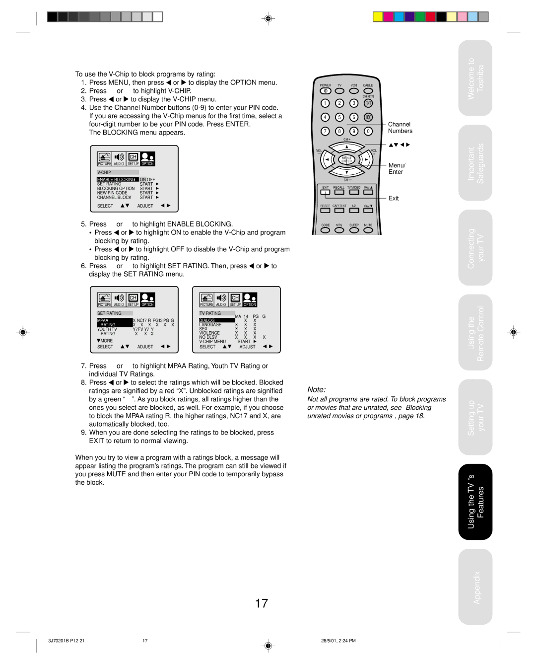 Toshiba 14AF41 appendix To use the V-Chip to block programs by rating, Dialog Rating 