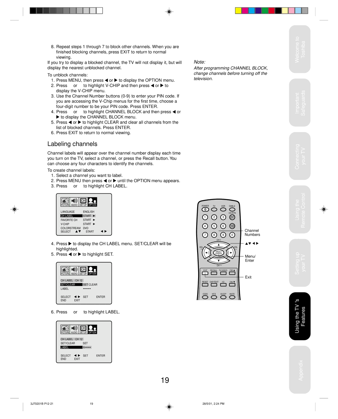 Toshiba 14AF41 appendix Labeling channels, To unblock channels, To create channel labels, Press or to highlight Label 