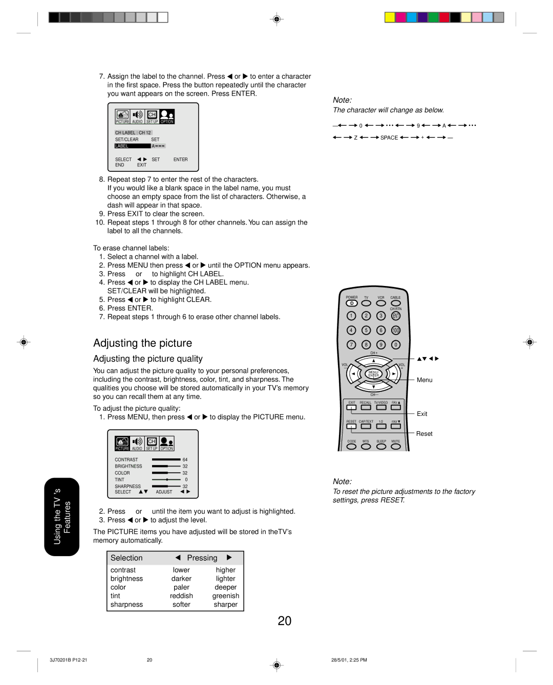 Toshiba 14AF41 appendix Adjusting the picture quality, To erase channel labels, To adjust the picture quality 