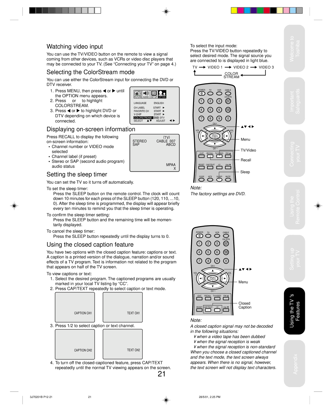 Toshiba 14AF41 appendix Watching video input, Selecting the ColorStream mode, Displaying on-screen information 