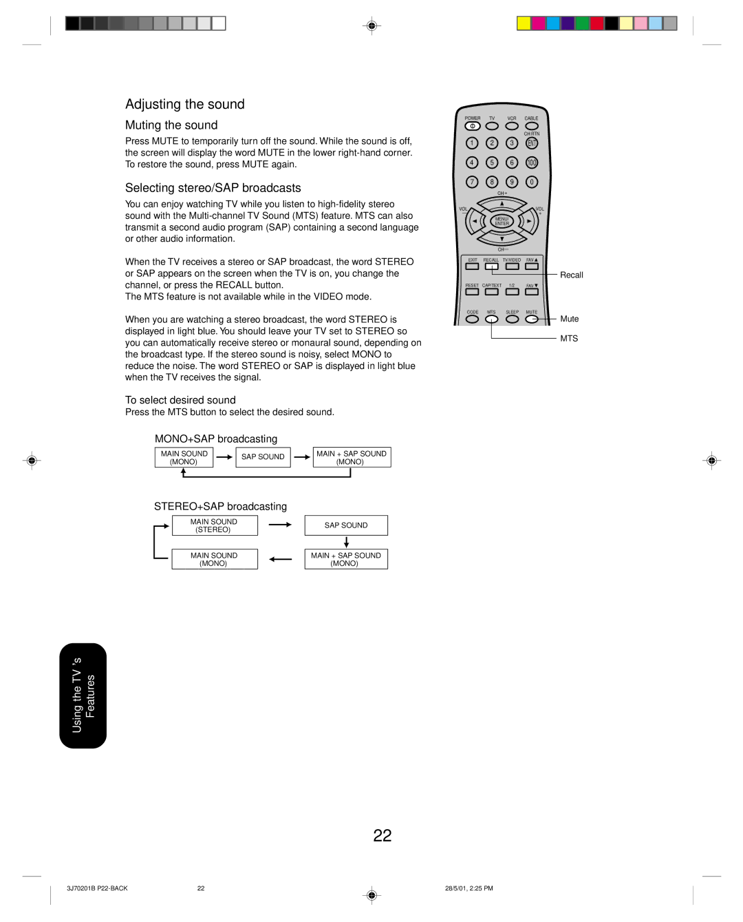 Toshiba 14AF41 appendix Adjusting the sound, Muting the sound, Selecting stereo/SAP broadcasts 