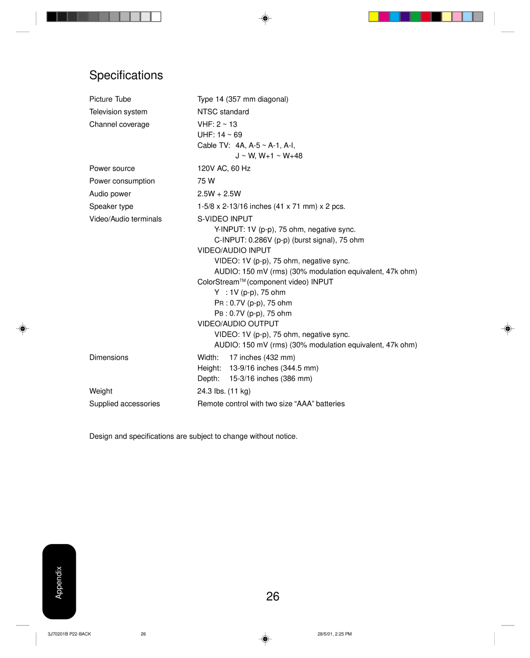 Toshiba 14AF41 appendix Specifications, VIDEO/AUDIO Input 