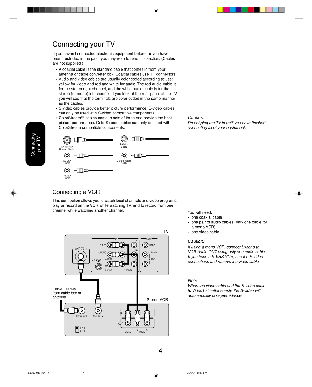 Toshiba 14AF41 appendix Connecting your TV, Connecting a VCR, ColorStream compatible components, Stereo VCR 