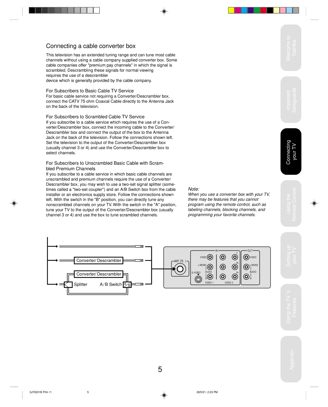 Toshiba 14AF41 appendix Connecting a cable converter box, Converter/ Descrambler Splitter Switch a B 