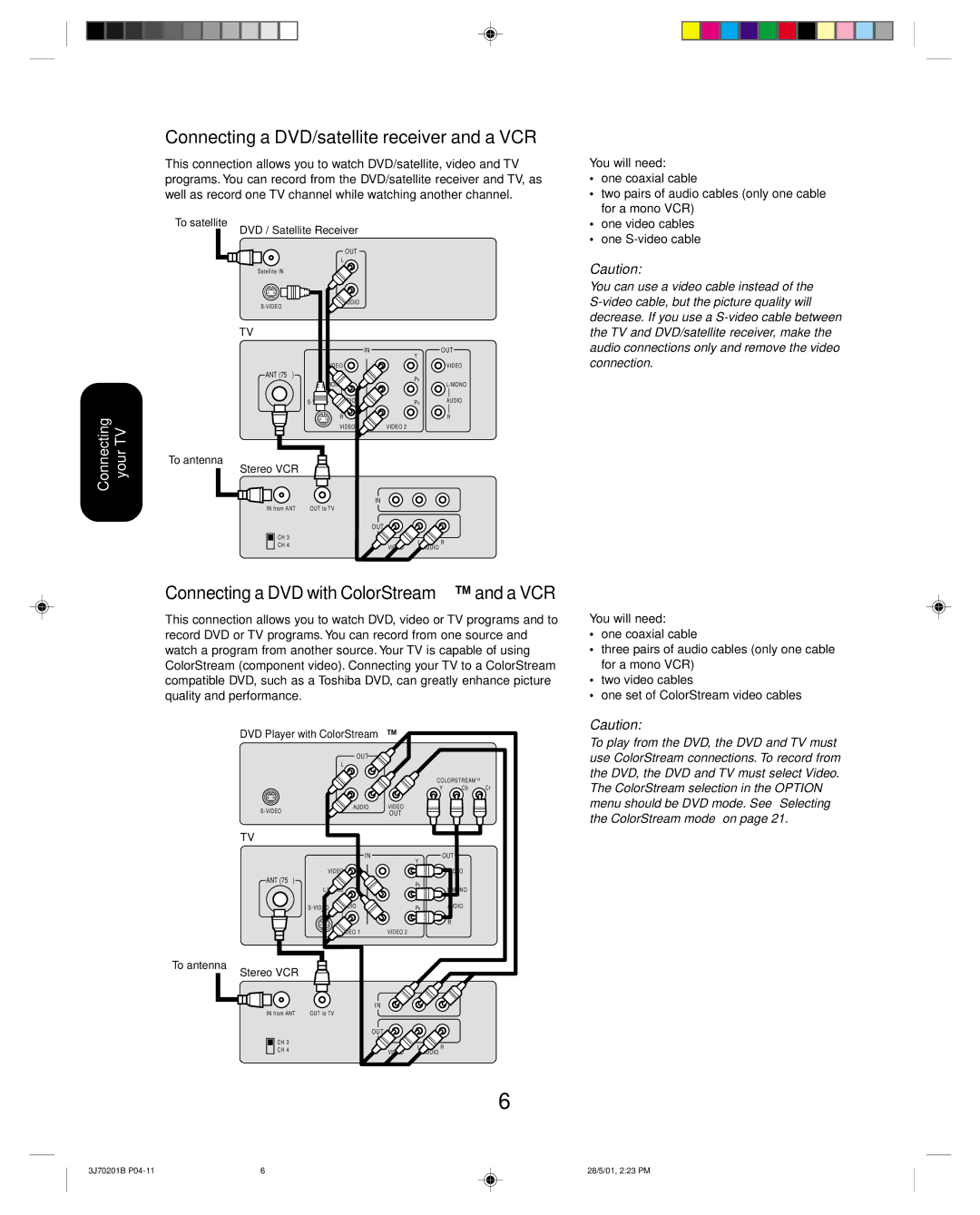 Toshiba 14AF41 appendix Connecting a DVD/satellite receiver and a VCR, Connecting a DVD with ColorStream and a VCR 