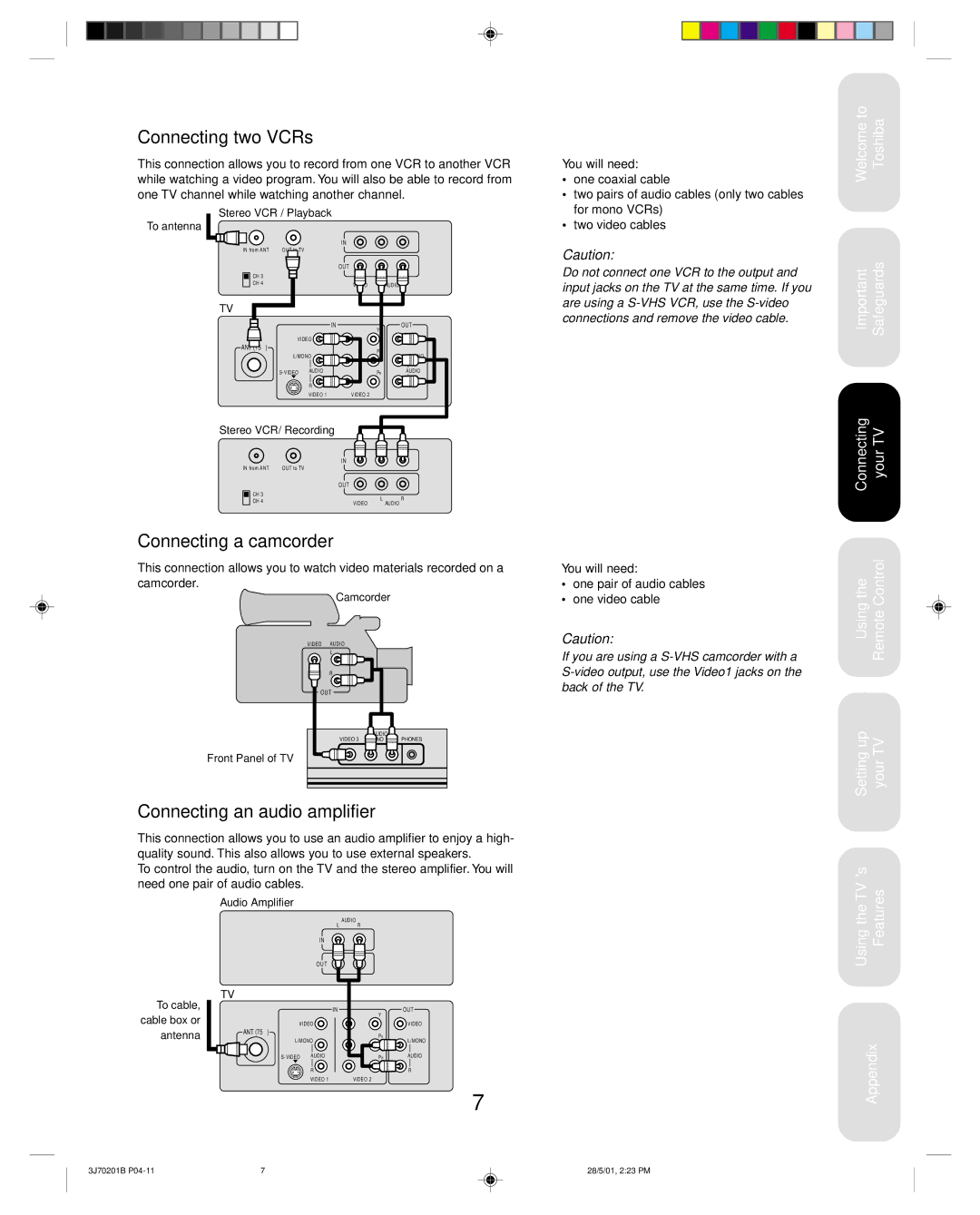 Toshiba 14AF41 appendix Connecting two VCRs, Connecting a camcorder, Connecting an audio amplifier 