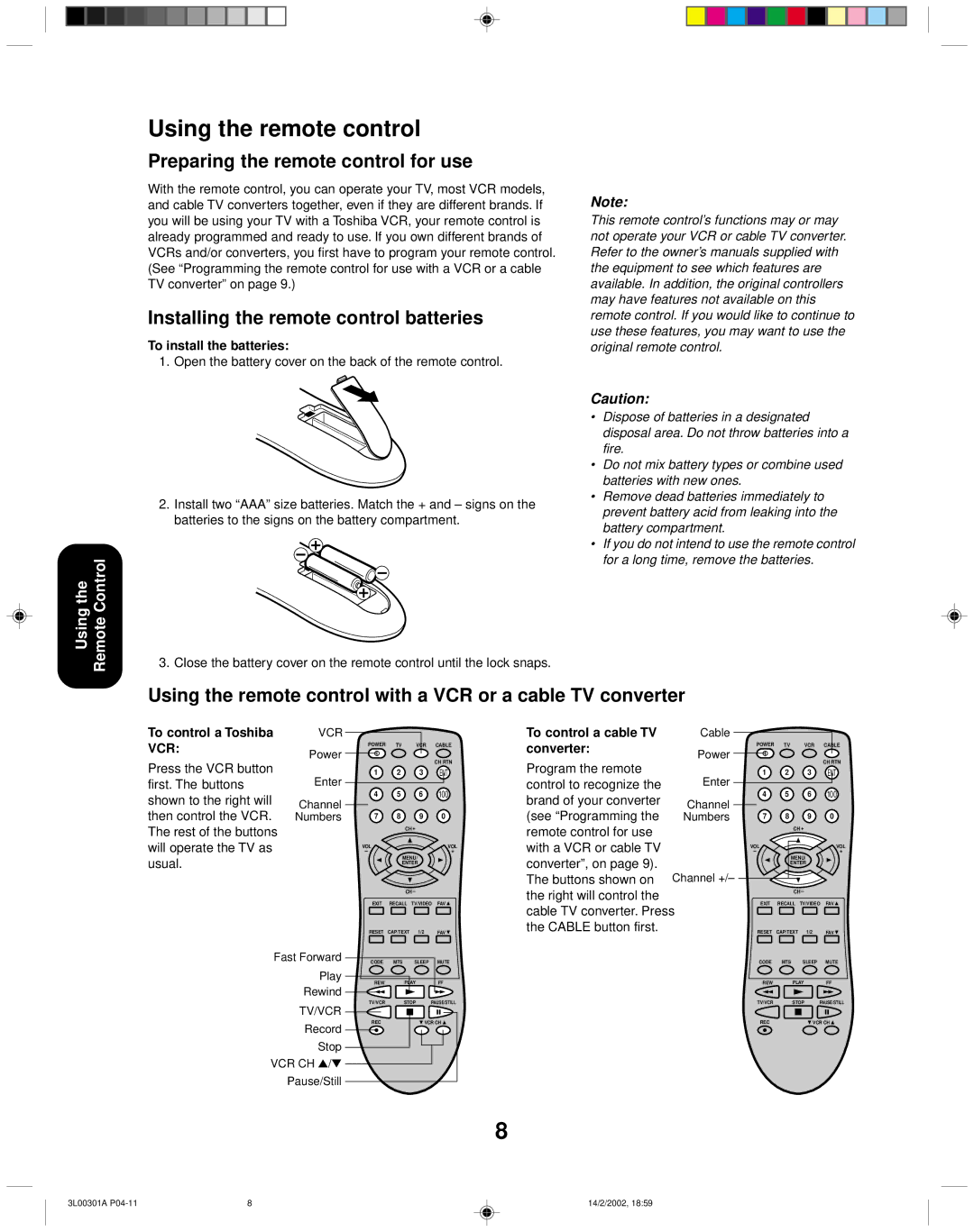 Toshiba 14AF42 Using the remote control, Preparing the remote control for use, Installing the remote control batteries 