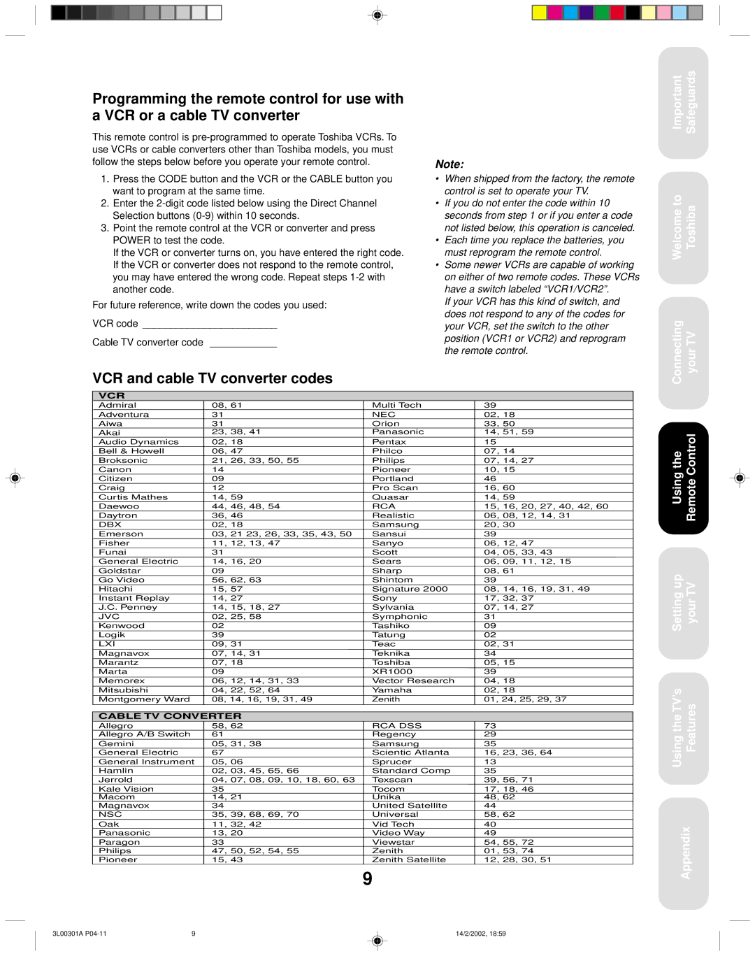 Toshiba 14AF42 appendix VCR and cable TV converter codes, Vcr 