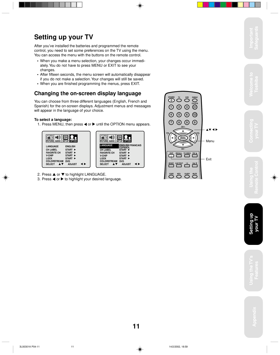 Toshiba 14AF42 appendix Setting up your TV, Changing the on-screen display language, To select a language 