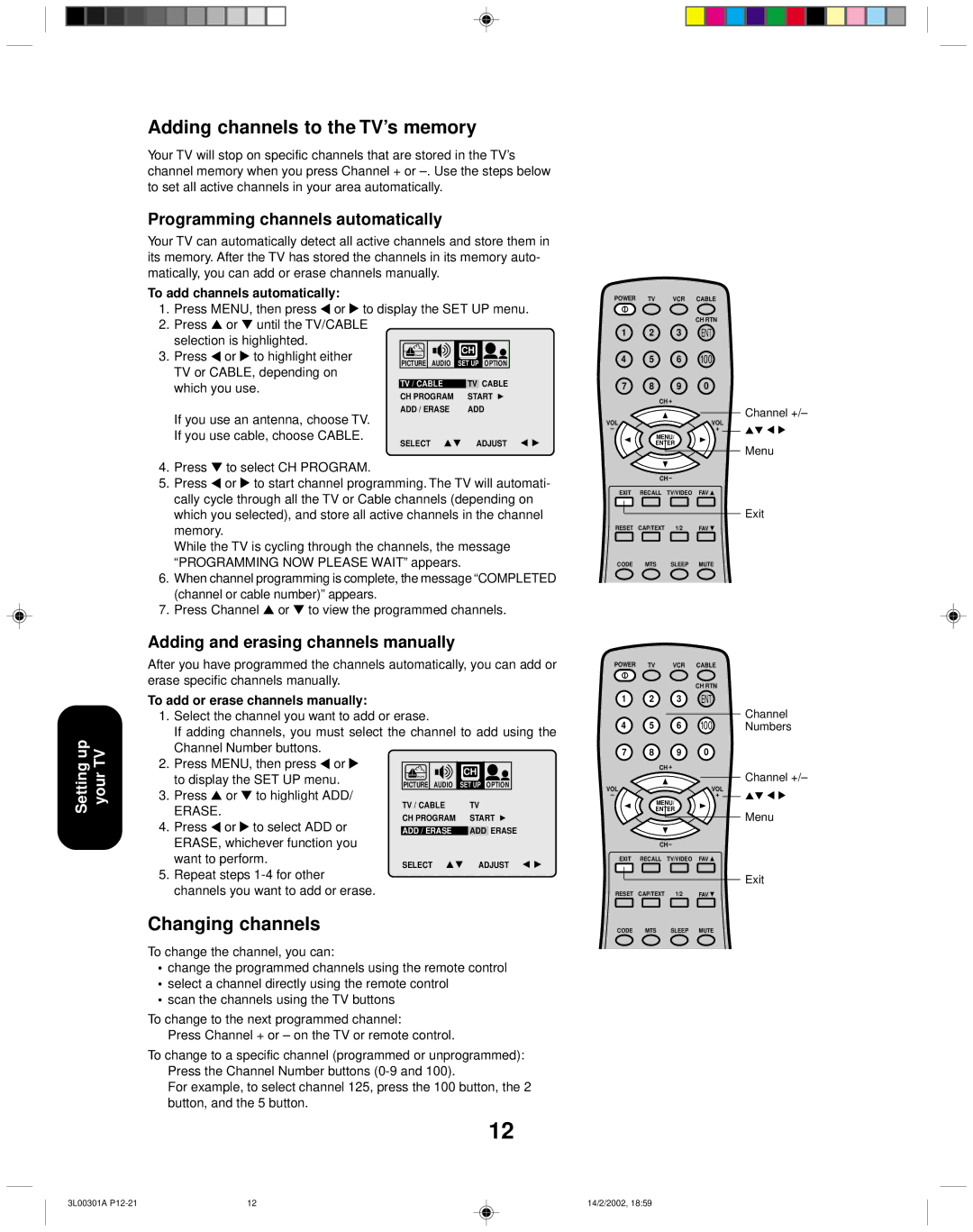 Toshiba 14AF42 appendix Adding channels to the TV’s memory, Changing channels, Programming channels automatically 